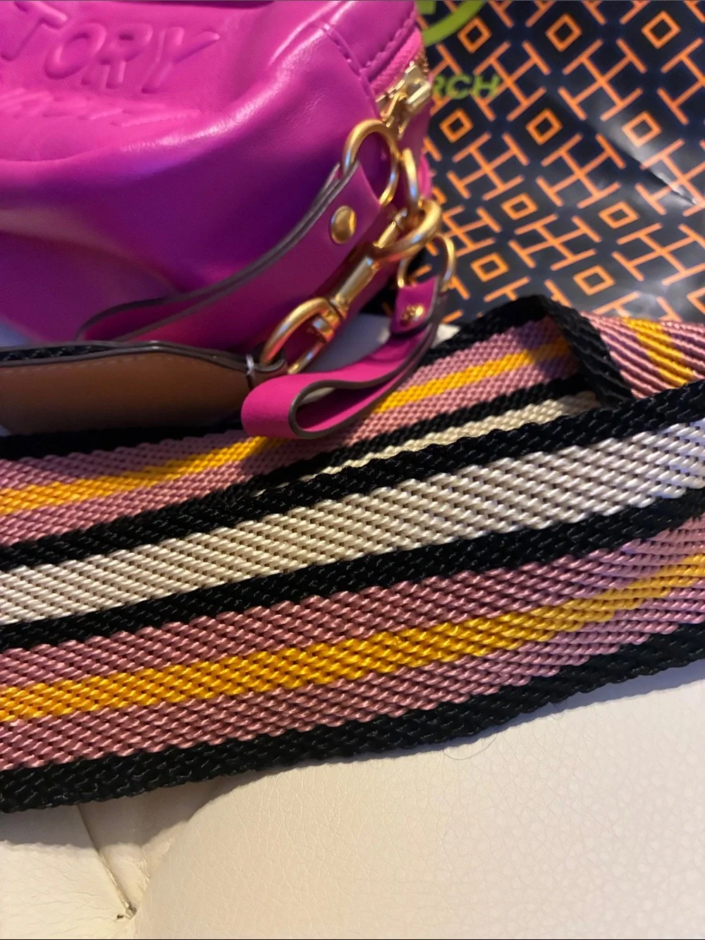 Tory Burch Fuchsia Embossed Leather Crossbody with Striped Web Strap
